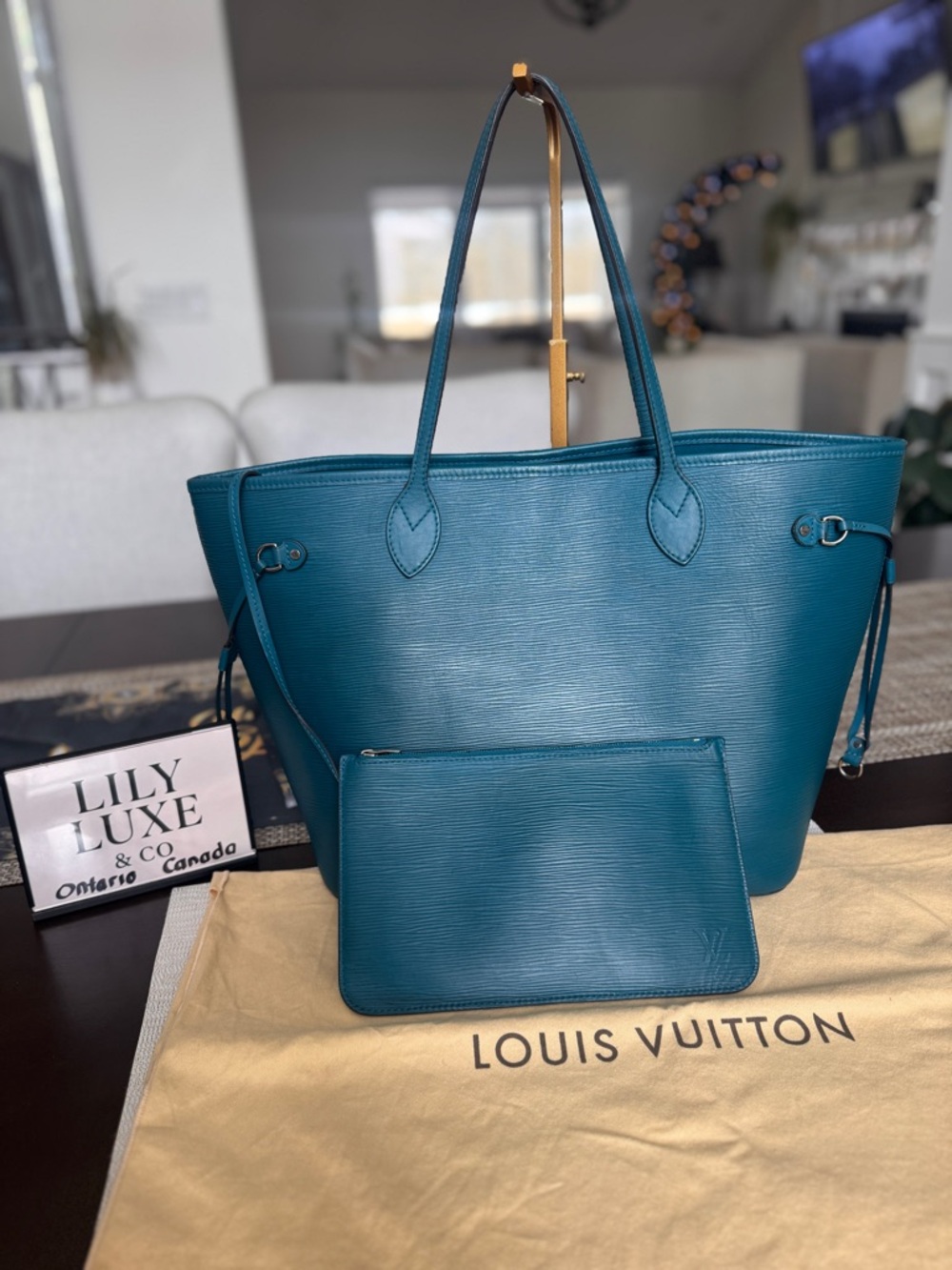 Louis Vuitton Neverfull MM  Teal Epi leather Bag Set